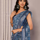 Janasya Navy Blue Cotton Linen Block Print Printed Saree | Swadesiicart