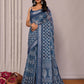 Janasya Navy Blue Cotton Linen Block Print Printed Saree | Swadesiicart