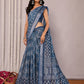 Janasya Navy Blue Cotton Linen Block Print Printed Saree | Swadesiicart