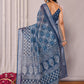 Janasya Navy Blue Cotton Linen Block Print Printed Saree | Swadesiicart