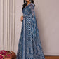 Janasya Navy Blue Cotton Linen Block Print Printed Saree | Swadesiicart