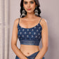 Janasya Navy Blue Cotton Linen Block Print Printed Saree | Swadesiicart