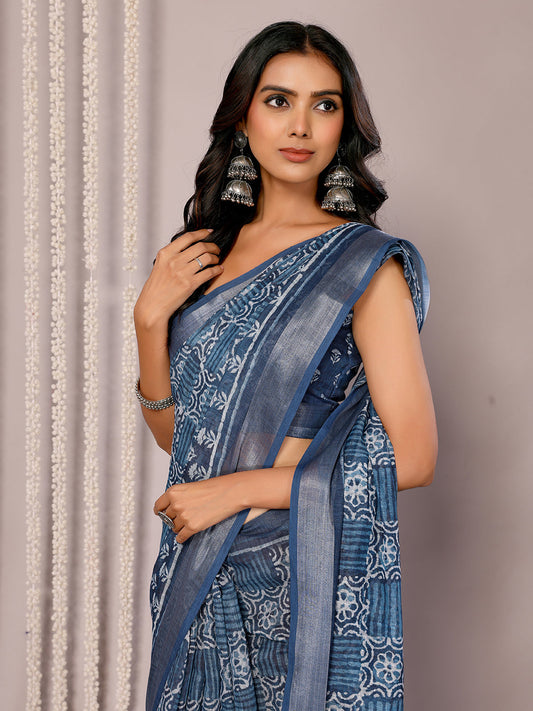 Janasya Navy Blue Cotton Linen Block Print Printed Saree | Swadesiicart
