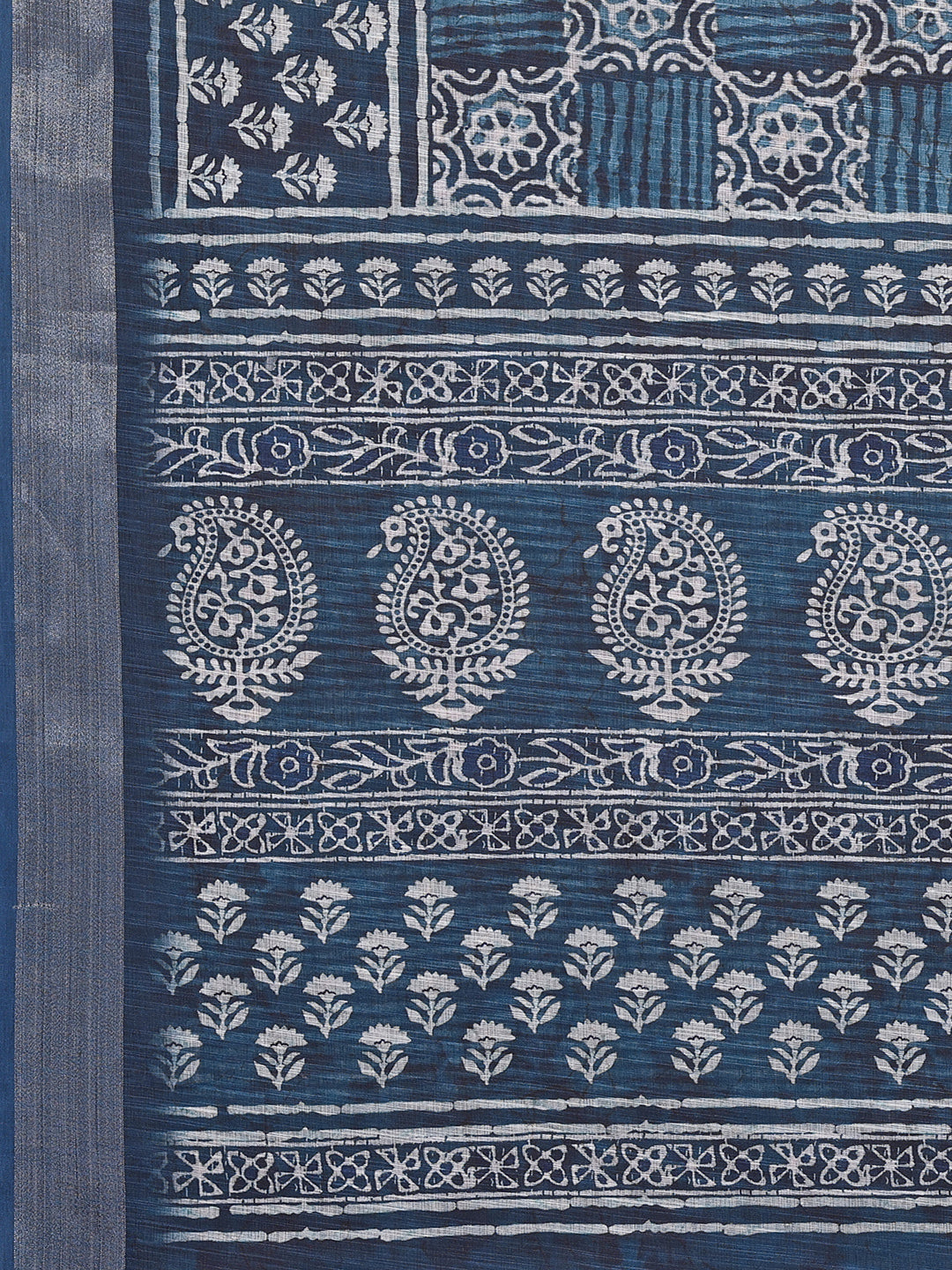 Janasya Navy Blue Cotton Linen Block Print Printed Saree | Swadesiicart