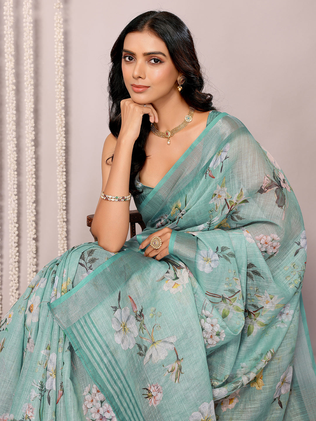Janasya Sage Green Cotton Linen Floral Printed Saree | Swadesiicart