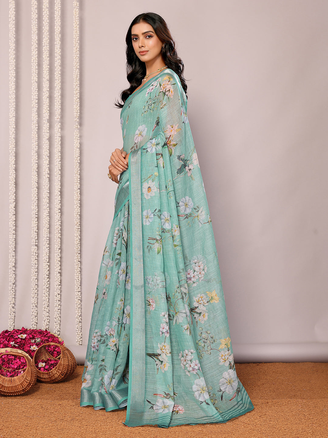 Janasya Sage Green Cotton Linen Floral Printed Saree | Swadesiicart