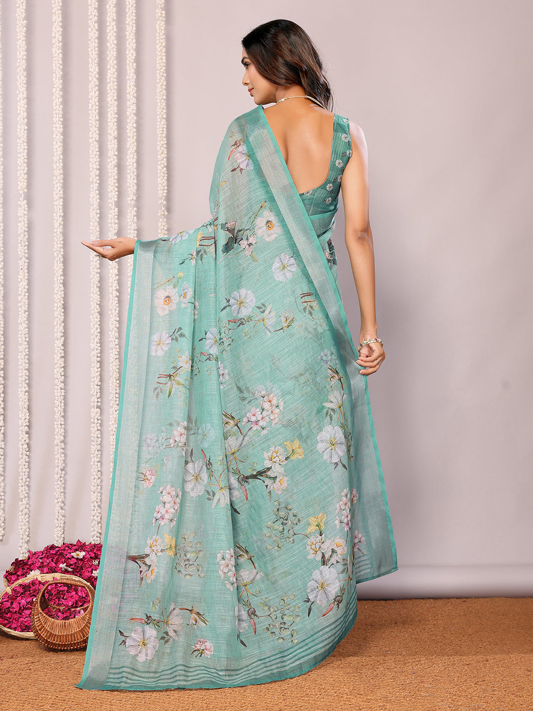 Janasya Sage Green Cotton Linen Floral Printed Saree | Swadesiicart
