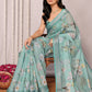 Janasya Sage Green Cotton Linen Floral Printed Saree | Swadesiicart