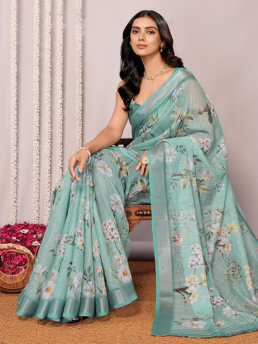 Janasya Sage Green Cotton Linen Floral Printed Saree | Swadesiicart