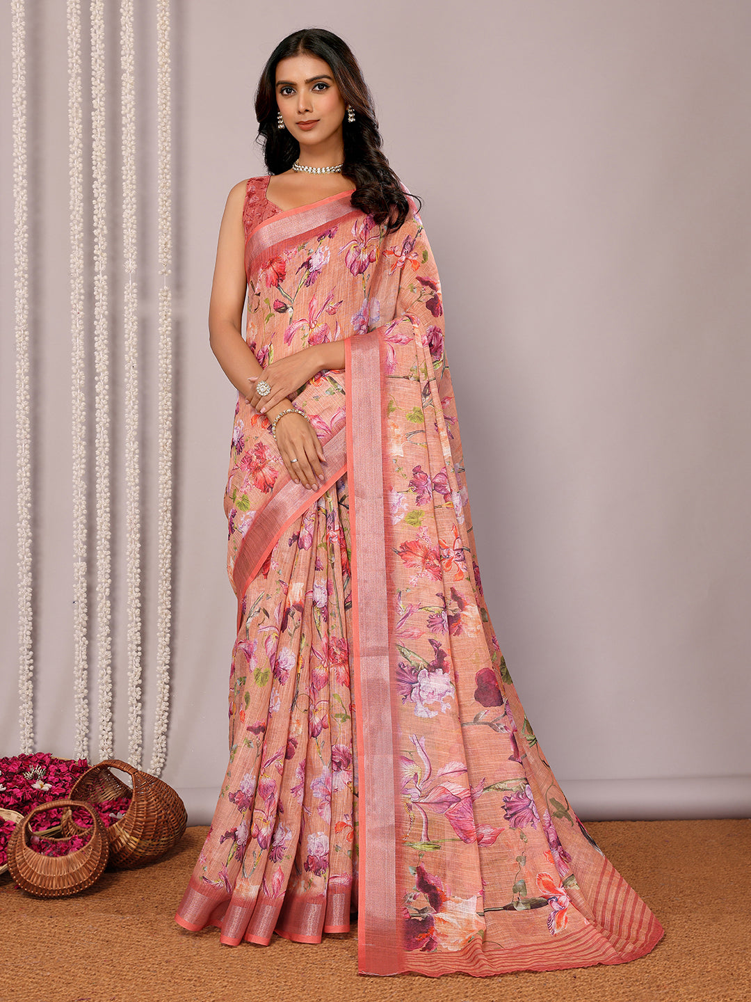 Janasya Peach Cotton Linen Floral Printed Saree | Swadesiicart