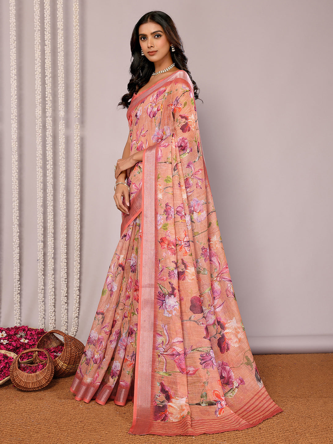 Janasya Peach Cotton Linen Floral Printed Saree | Swadesiicart