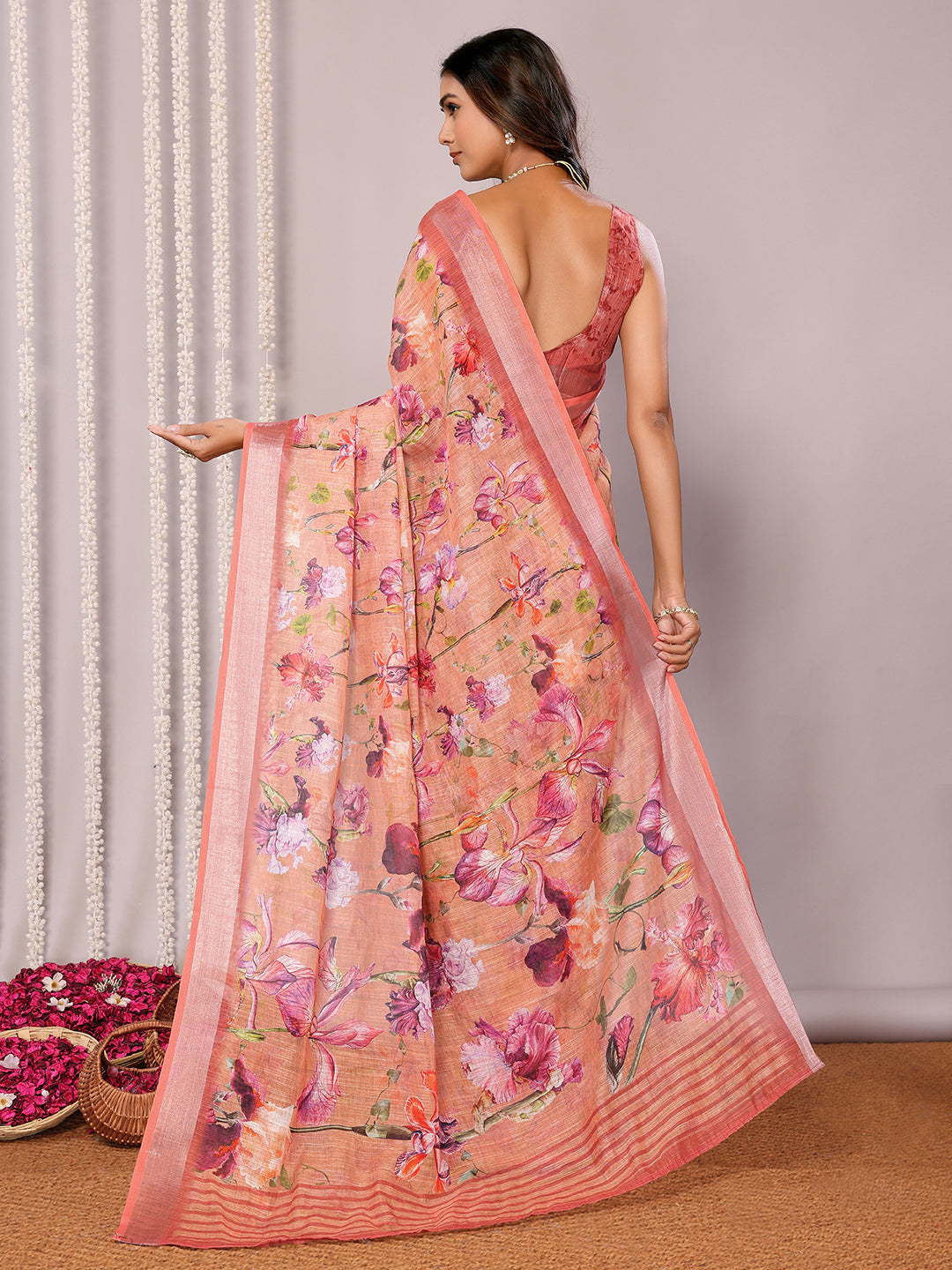 Janasya Peach Cotton Linen Floral Printed Saree | Swadesiicart
