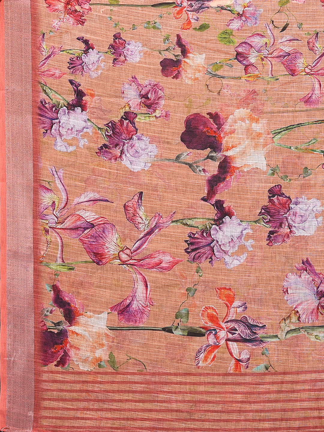 Janasya Peach Cotton Linen Floral Printed Saree | Swadesiicart