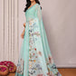 Janasya Sea Green Cotton Linen Floral Printed Saree | Swadesiicart
