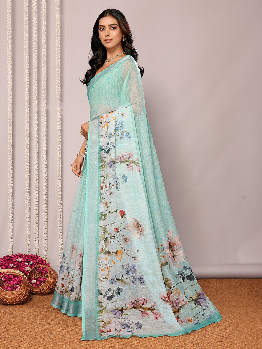 Janasya Sea Green Cotton Linen Floral Printed Saree | Swadesiicart