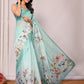 Janasya Sea Green Cotton Linen Floral Printed Saree | Swadesiicart