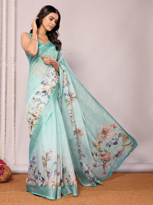 Janasya Sea Green Cotton Linen Floral Printed Saree | Swadesiicart
