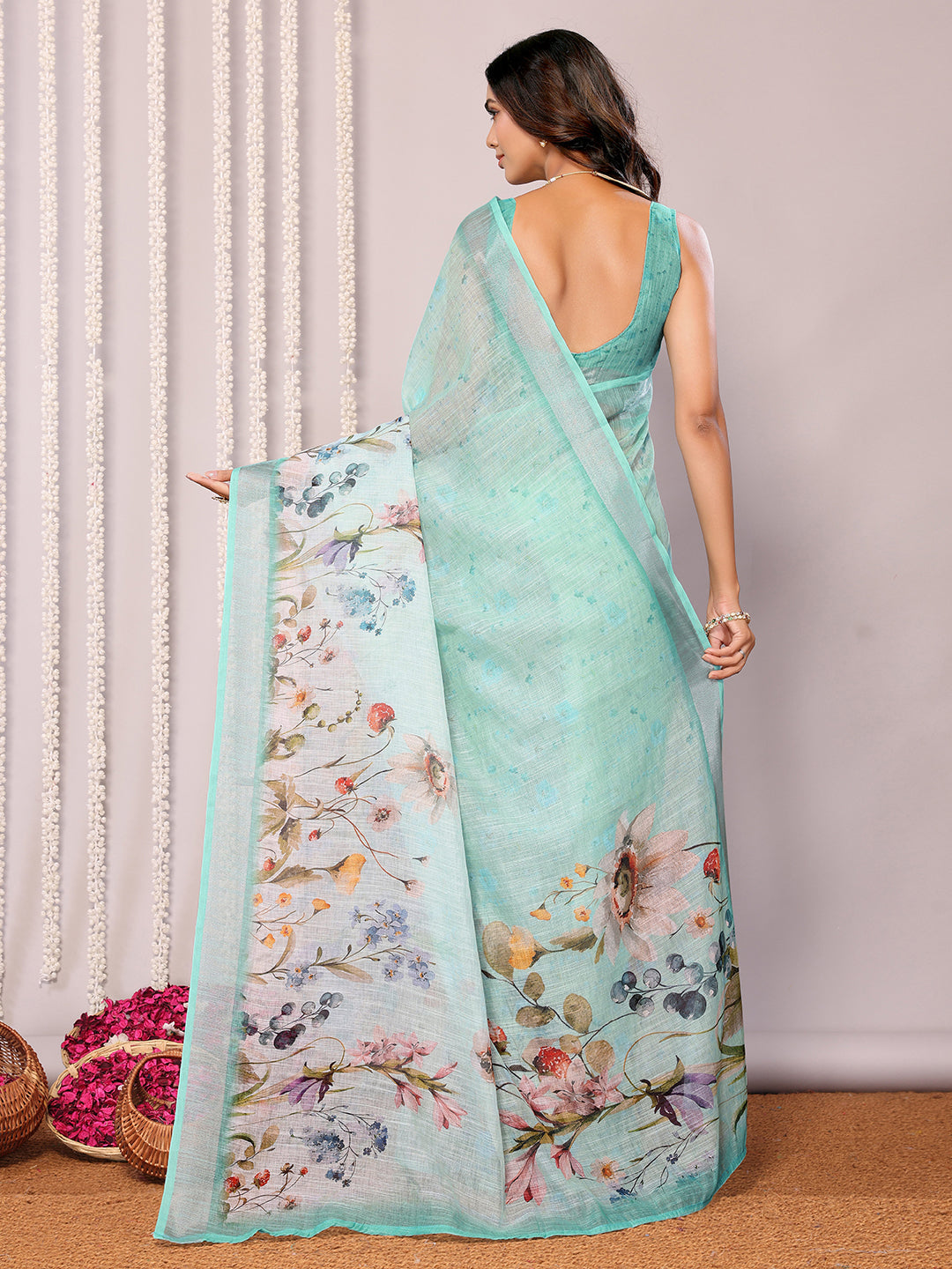 Janasya Sea Green Cotton Linen Floral Printed Saree | Swadesiicart