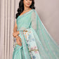 Janasya Sea Green Cotton Linen Floral Printed Saree | Swadesiicart