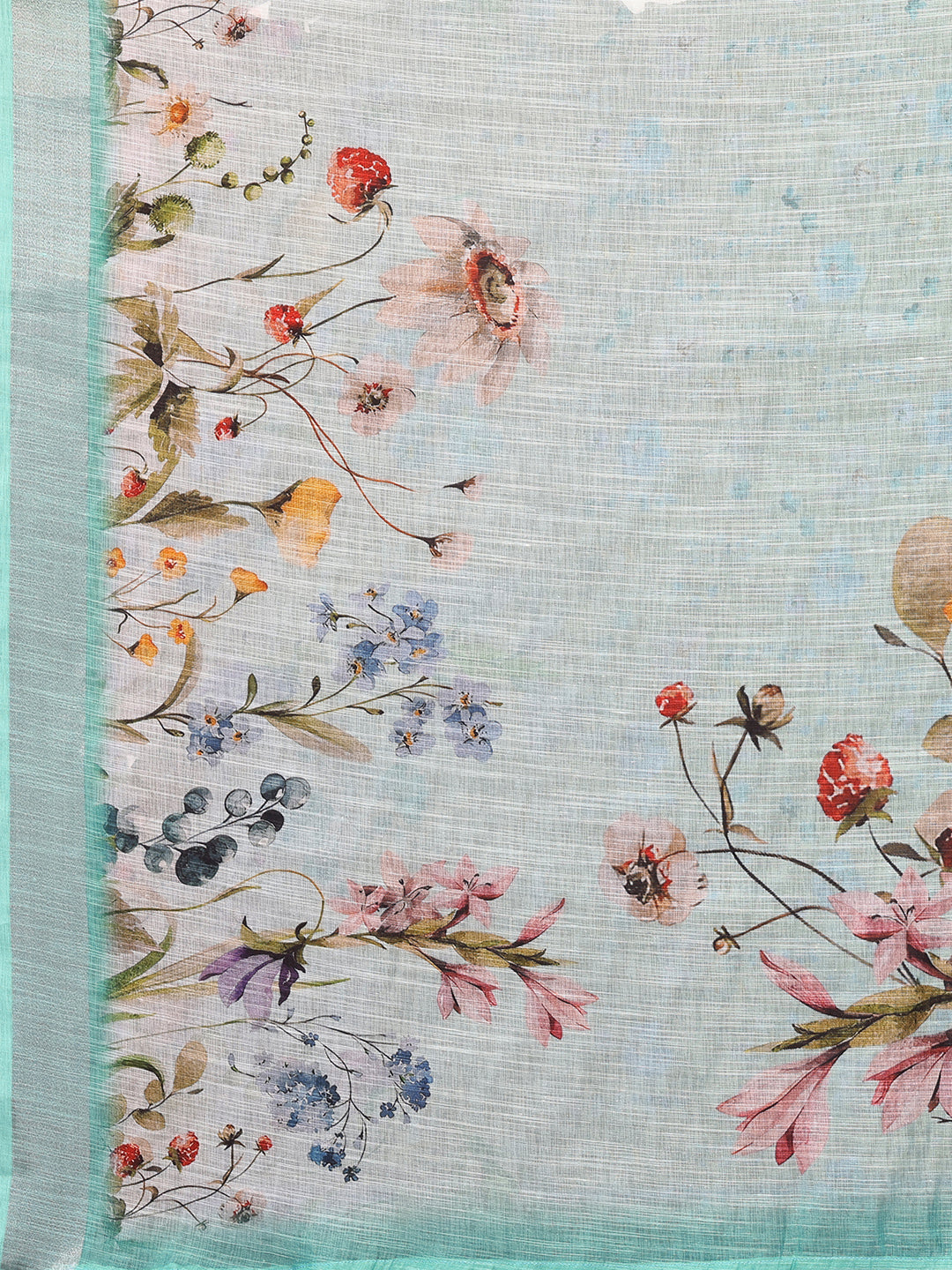 Janasya Sea Green Cotton Linen Floral Printed Saree | Swadesiicart