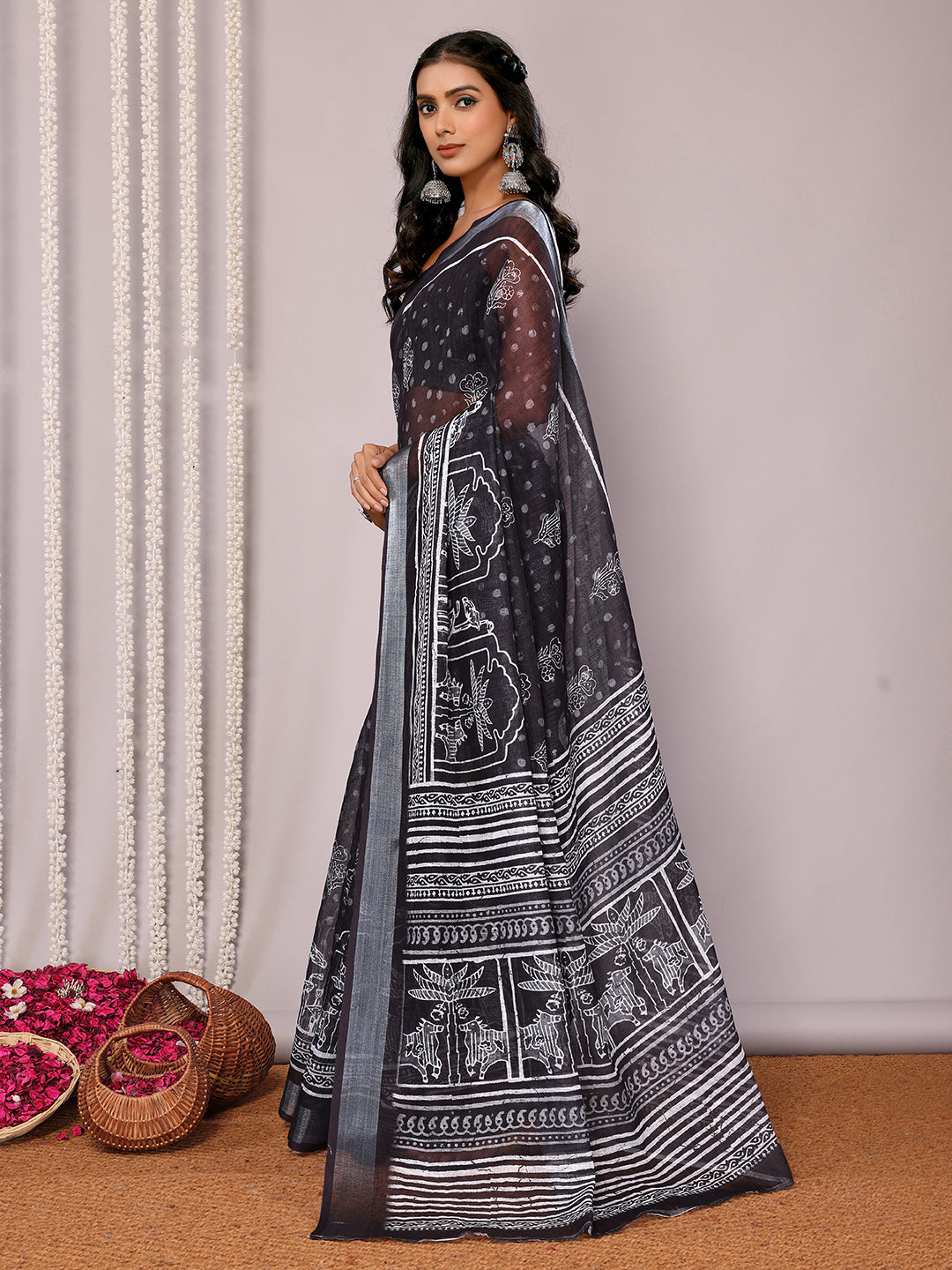 Janasya Black Cotton Linen Polka Printed Saree | Swadesiicart