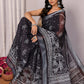 Janasya Black Cotton Linen Polka Printed Saree | Swadesiicart