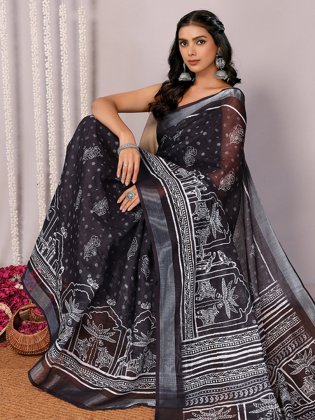 Janasya Black Cotton Linen Polka Printed Saree | Swadesiicart