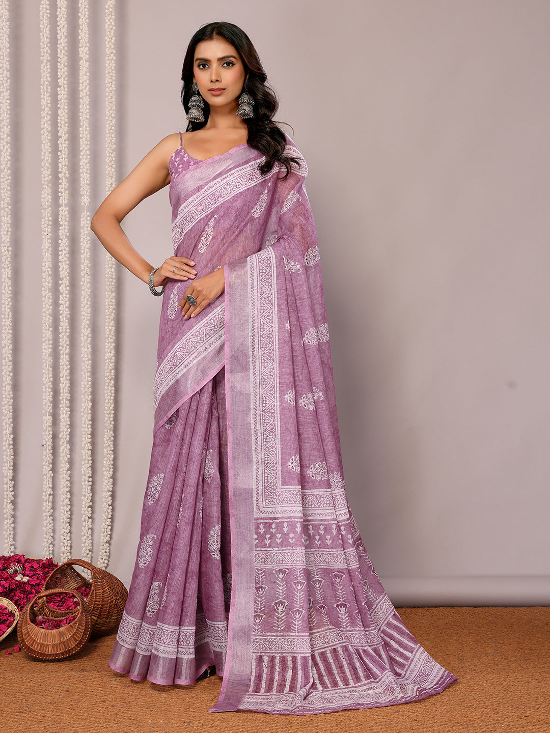 Janasya Mauve Cotton Linen Block Print Printed Saree | Swadesiicart