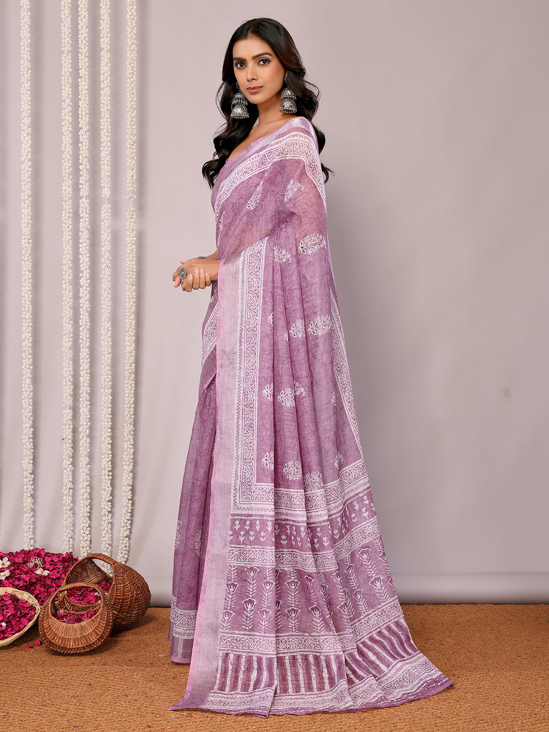 Janasya Mauve Cotton Linen Block Print Printed Saree | Swadesiicart