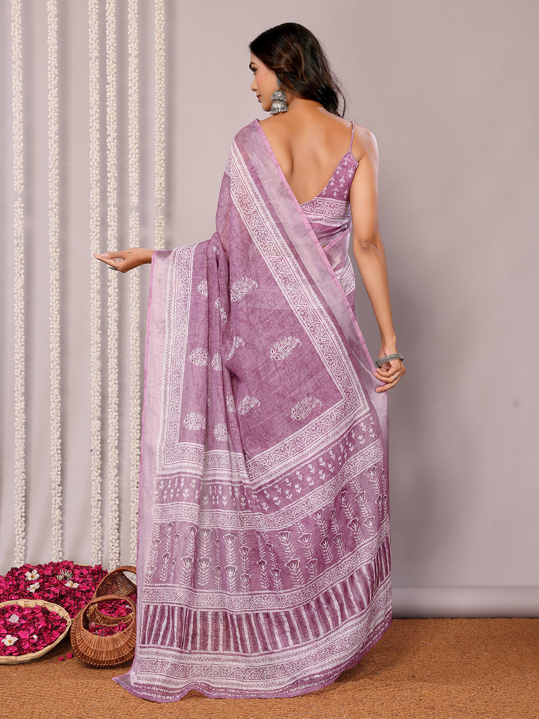 Janasya Mauve Cotton Linen Block Print Printed Saree | Swadesiicart