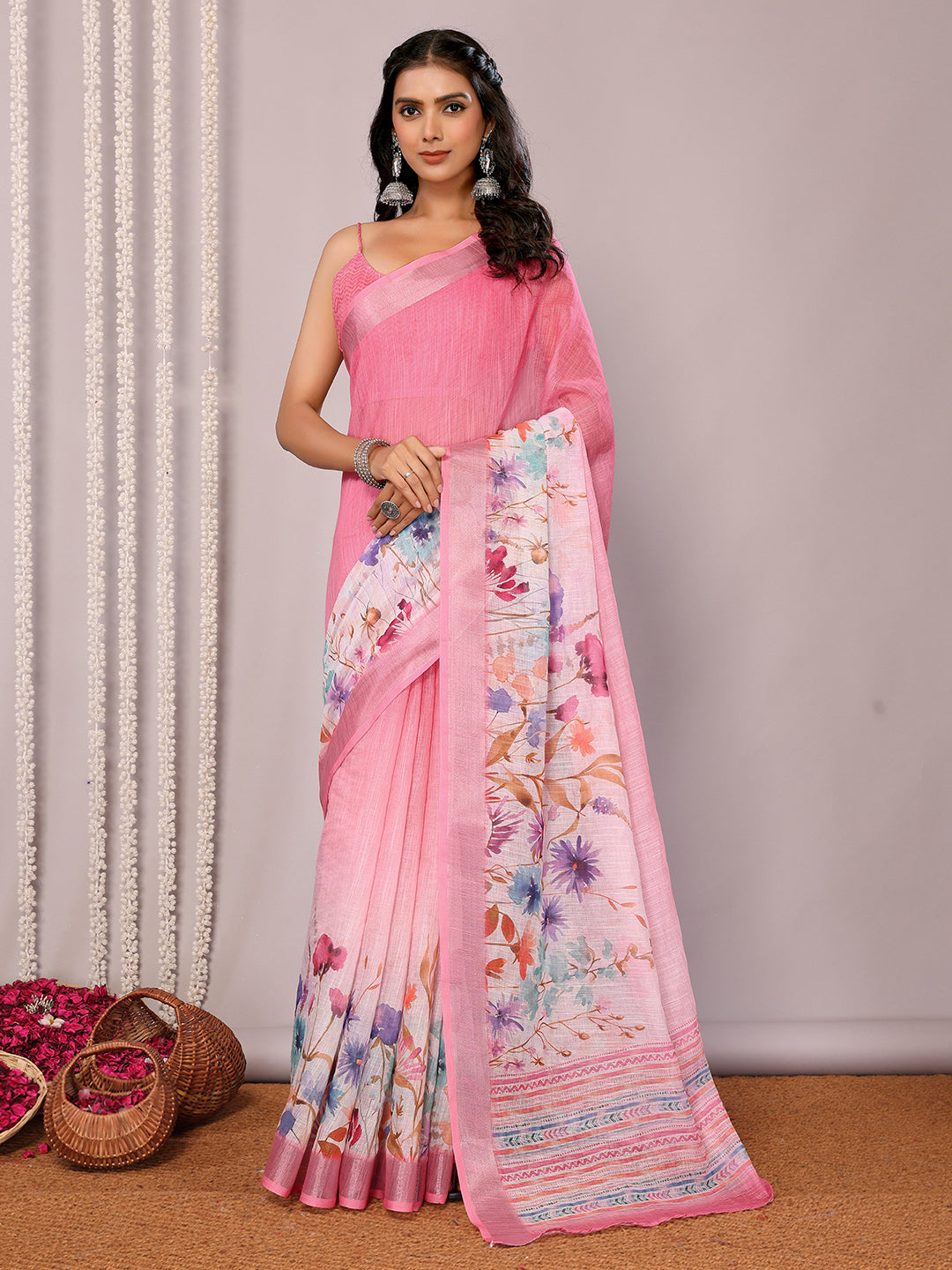 Janasya Pink Cotton Linen Floral Printed Saree | Swadesiicart