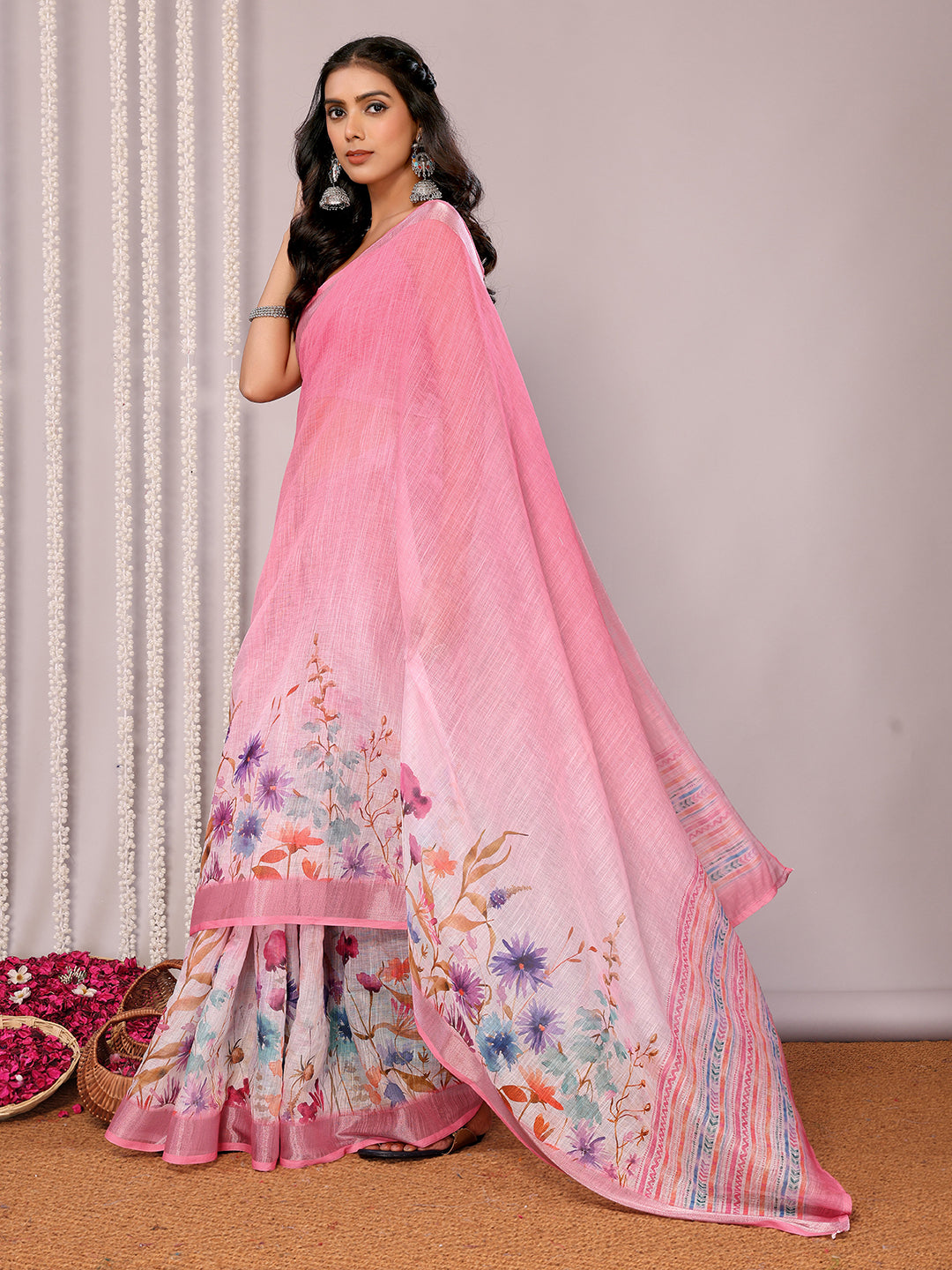 Janasya Pink Cotton Linen Floral Printed Saree | Swadesiicart