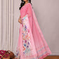 Janasya Pink Cotton Linen Floral Printed Saree | Swadesiicart