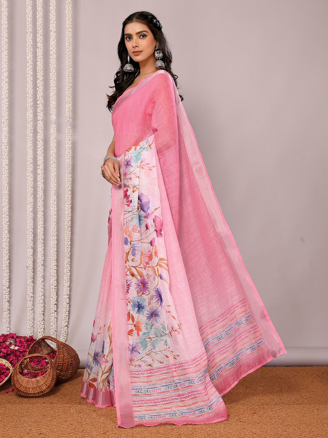 Janasya Pink Cotton Linen Floral Printed Saree | Swadesiicart