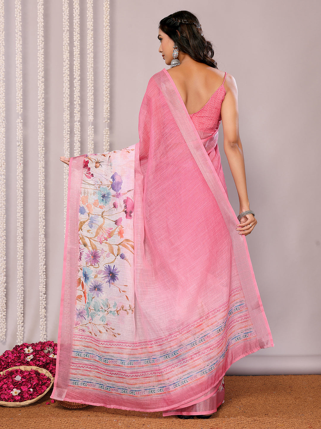 Janasya Pink Cotton Linen Floral Printed Saree | Swadesiicart