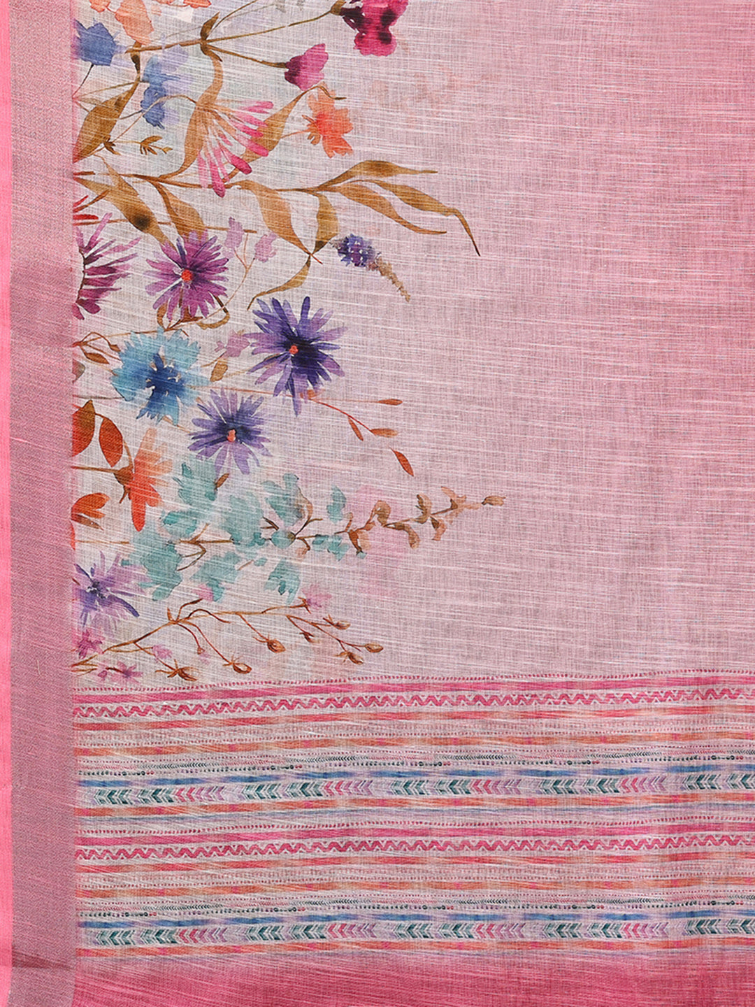 Janasya Pink Cotton Linen Floral Printed Saree | Swadesiicart