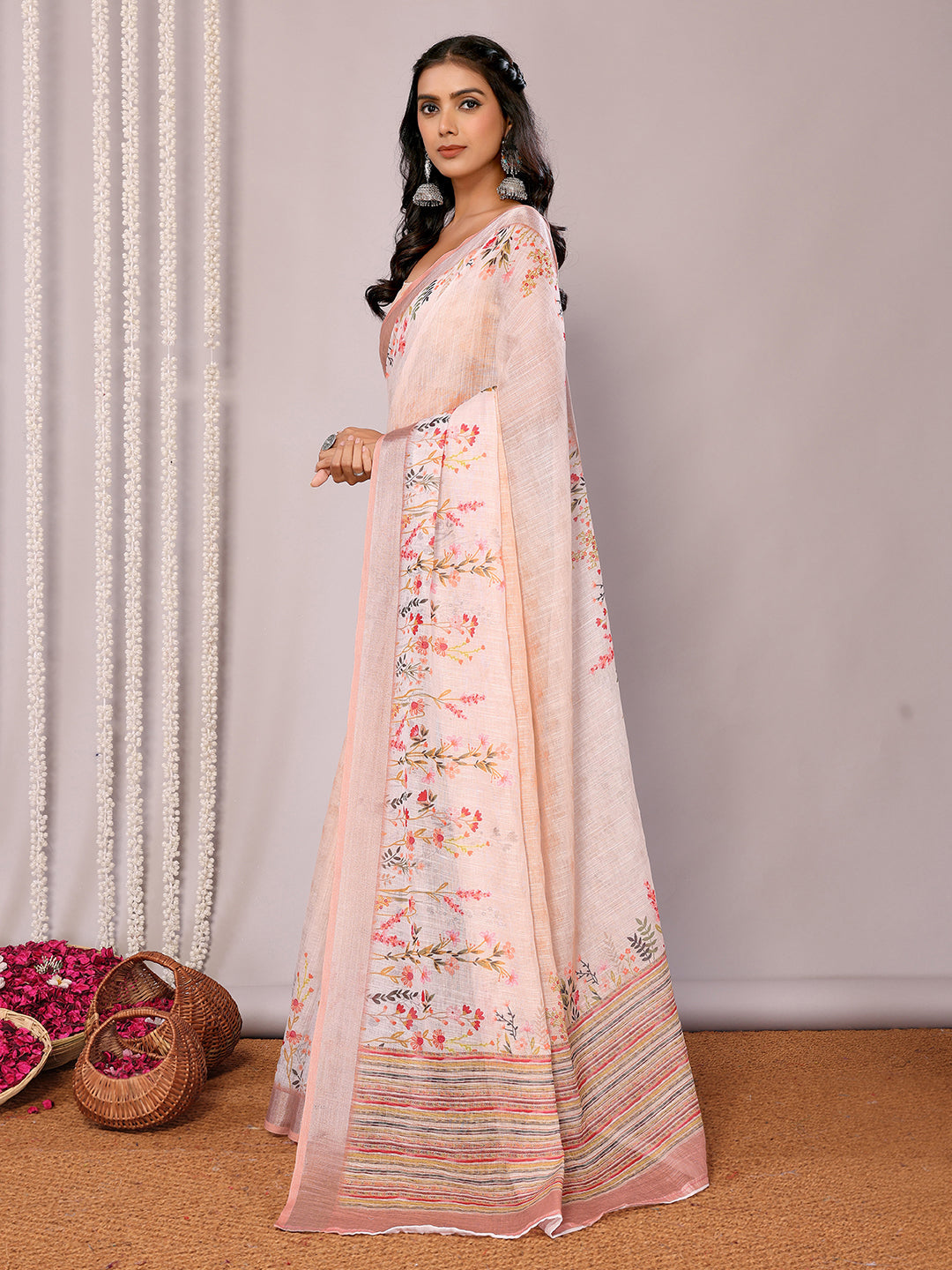 Janasya Peach Cotton Linen Floral Printed Saree | Swadesiicart