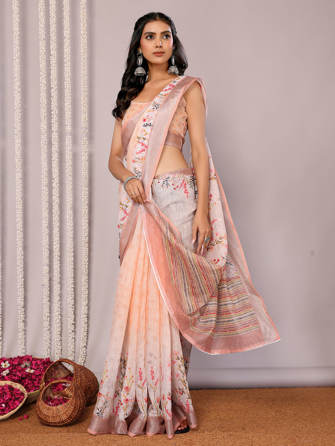 Janasya Peach Cotton Linen Floral Printed Saree | Swadesiicart