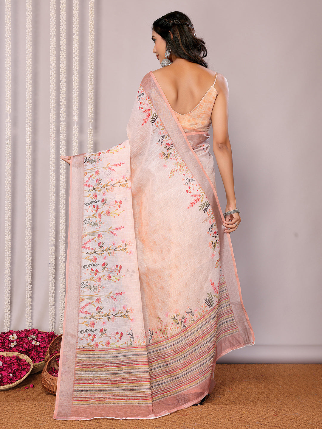 Janasya Peach Cotton Linen Floral Printed Saree | Swadesiicart