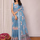 Janasya Blue Cotton Linen Floral Printed Saree | Swadesiicart