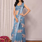 Janasya Blue Cotton Linen Floral Printed Saree | Swadesiicart