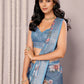 Janasya Blue Cotton Linen Floral Printed Saree | Swadesiicart