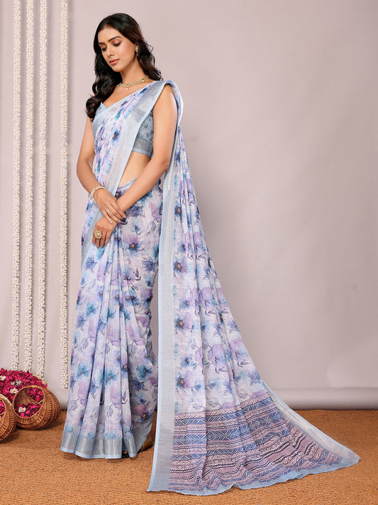 Janasya Light Blue Cotton Linen Floral Printed Saree | Swadesiicart