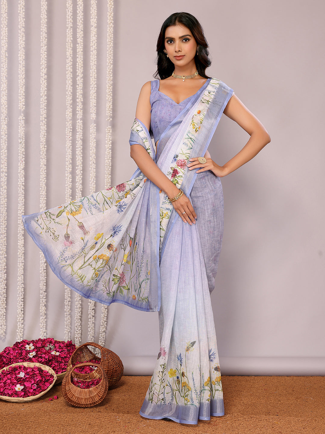 Janasya Lavender Cotton Linen Floral Printed Saree | Swadesiicart