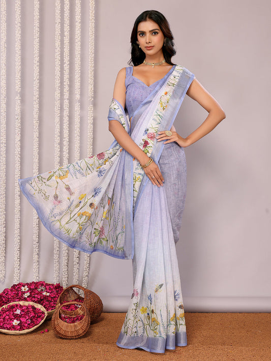Janasya Lavender Cotton Linen Floral Printed Saree | Swadesiicart