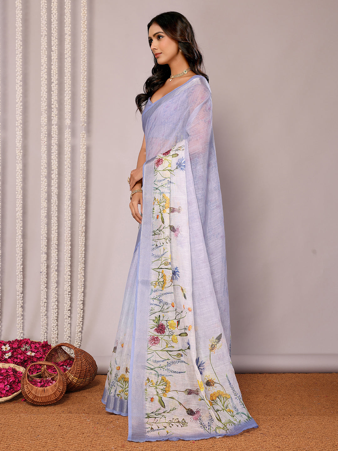 Janasya Lavender Cotton Linen Floral Printed Saree | Swadesiicart
