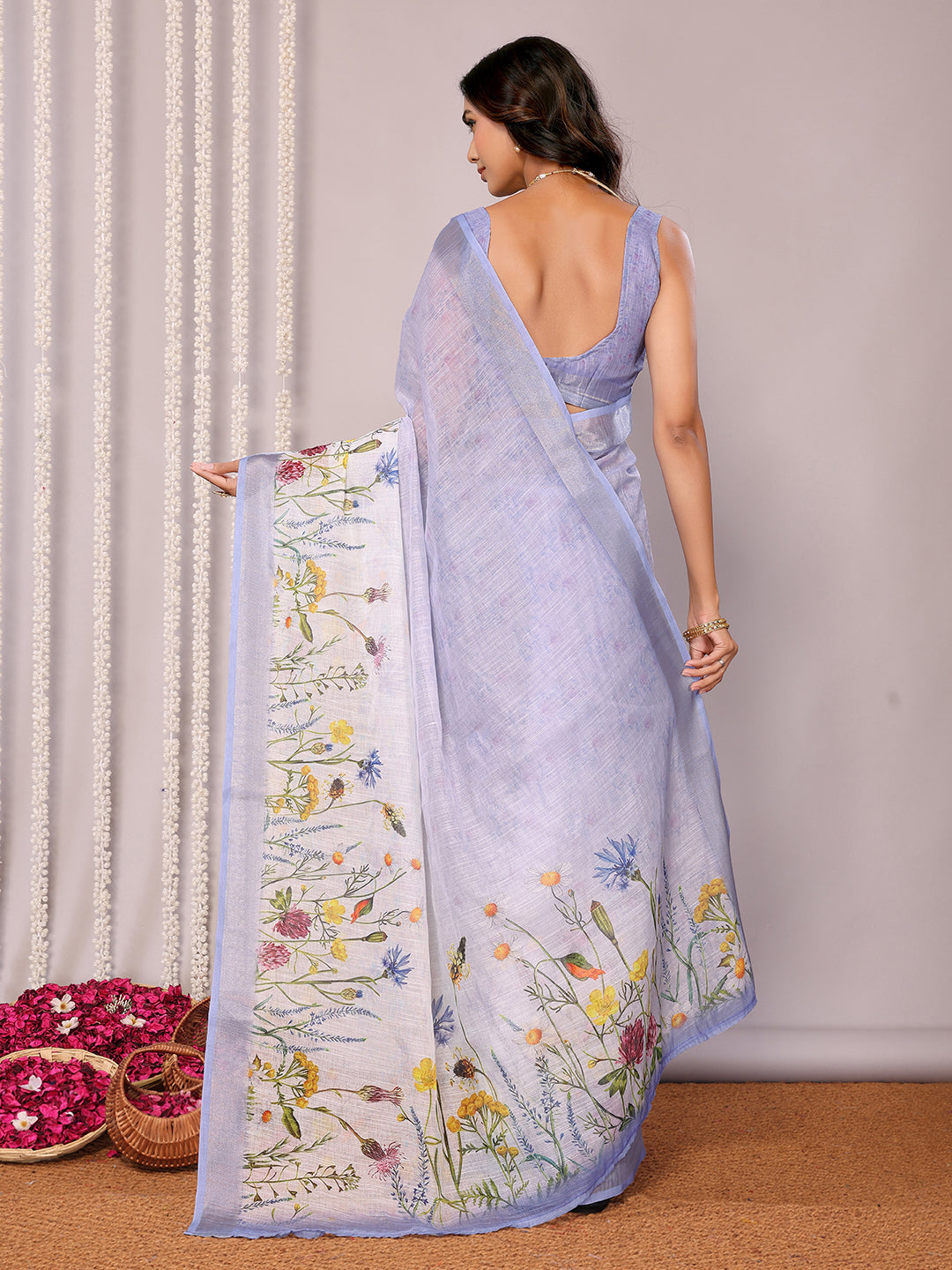 Janasya Lavender Cotton Linen Floral Printed Saree | Swadesiicart