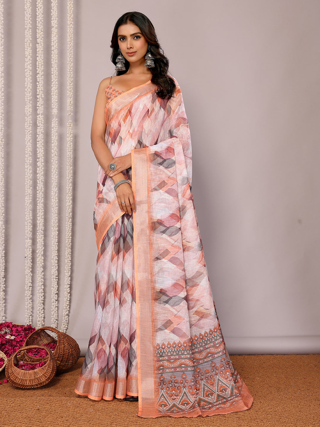 Janasya Peach Cotton Linen Abstract Printed Saree | Swadesiicart