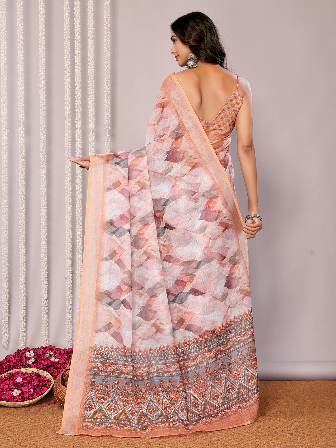 Janasya Peach Cotton Linen Abstract Printed Saree | Swadesiicart