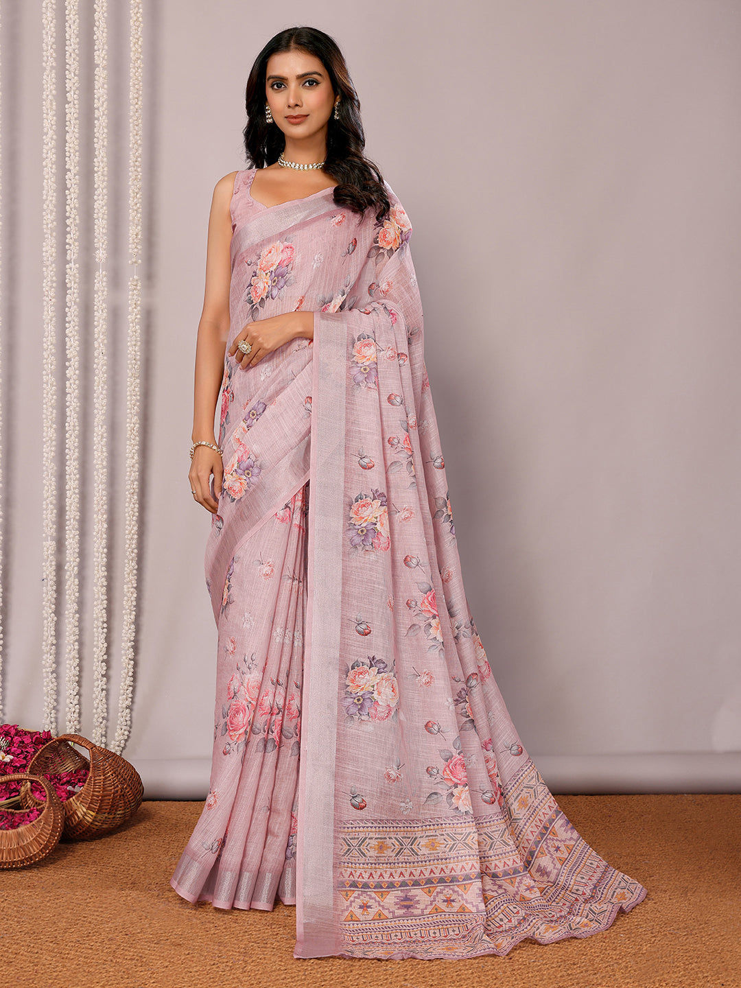 Janasya Mauve Cotton Linen Floral Printed Saree | Swadesiicart